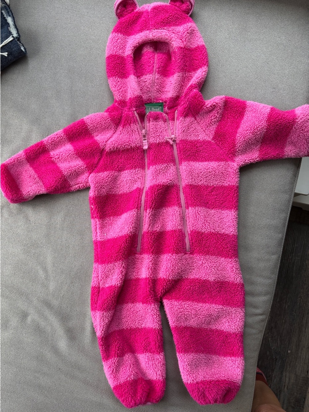 L.L.Bean Pink Striped Plush Hooded One-Piece for Kids - Cozy Fleece size 6-12 mo